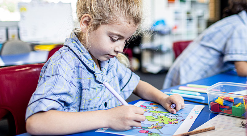 Student drawing on map at Our Lady of the Rosary Catholic Primary School St Marys
