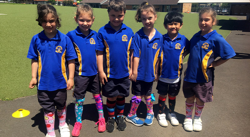 Students participating in a Crazy Sock Day fundraiser at Our Lady of the Rosary Catholic Primary School St Marys